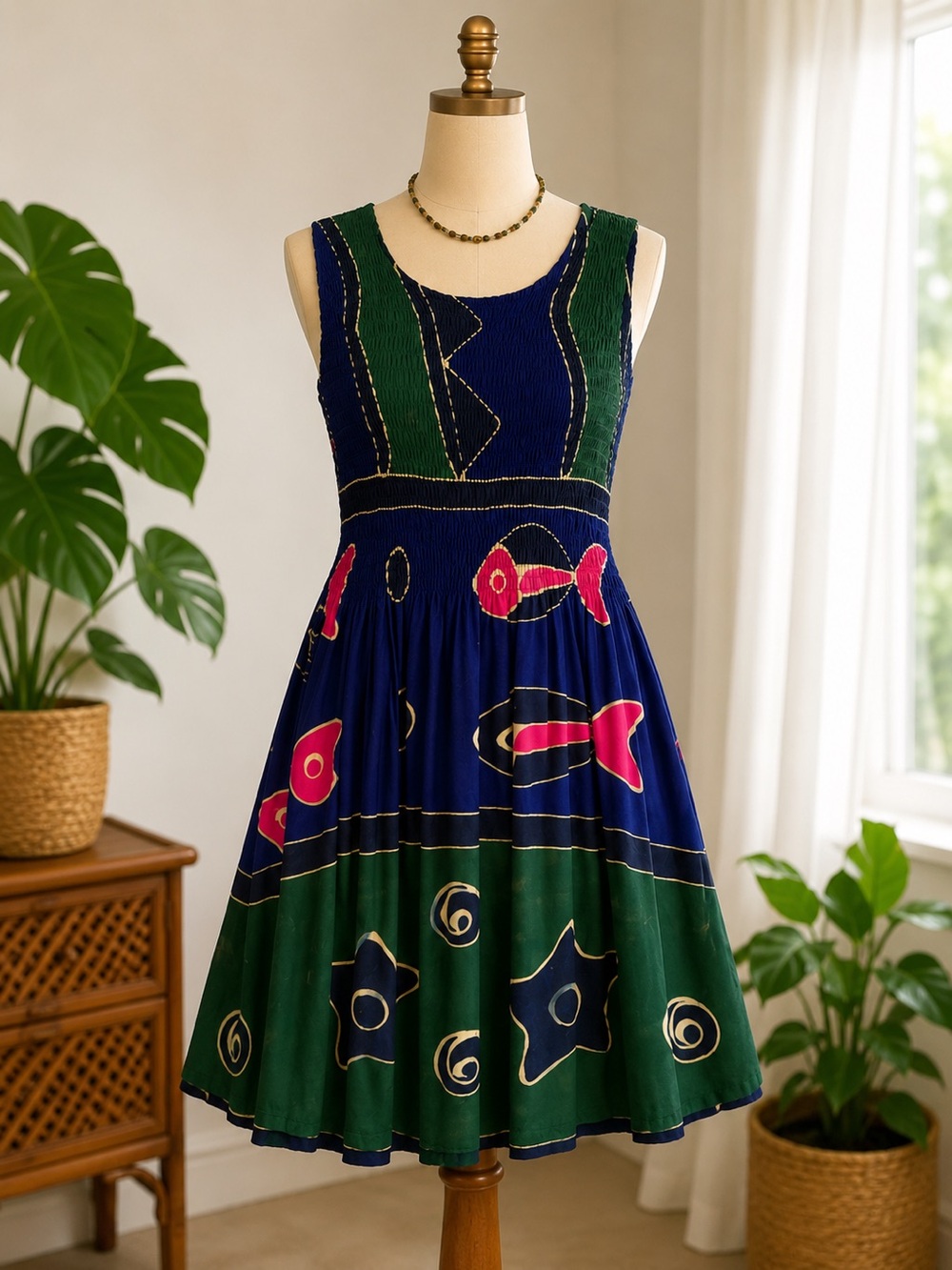 Vintage Casa Blanca St. Thomas Fish Print Smocked Sundress